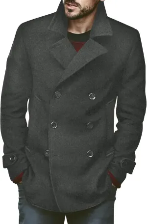 Bbalizko Mens Classic Pea Coat Notched Collar Double Breasted Slim Fit Winter Warm Heavyweight Trench Coats