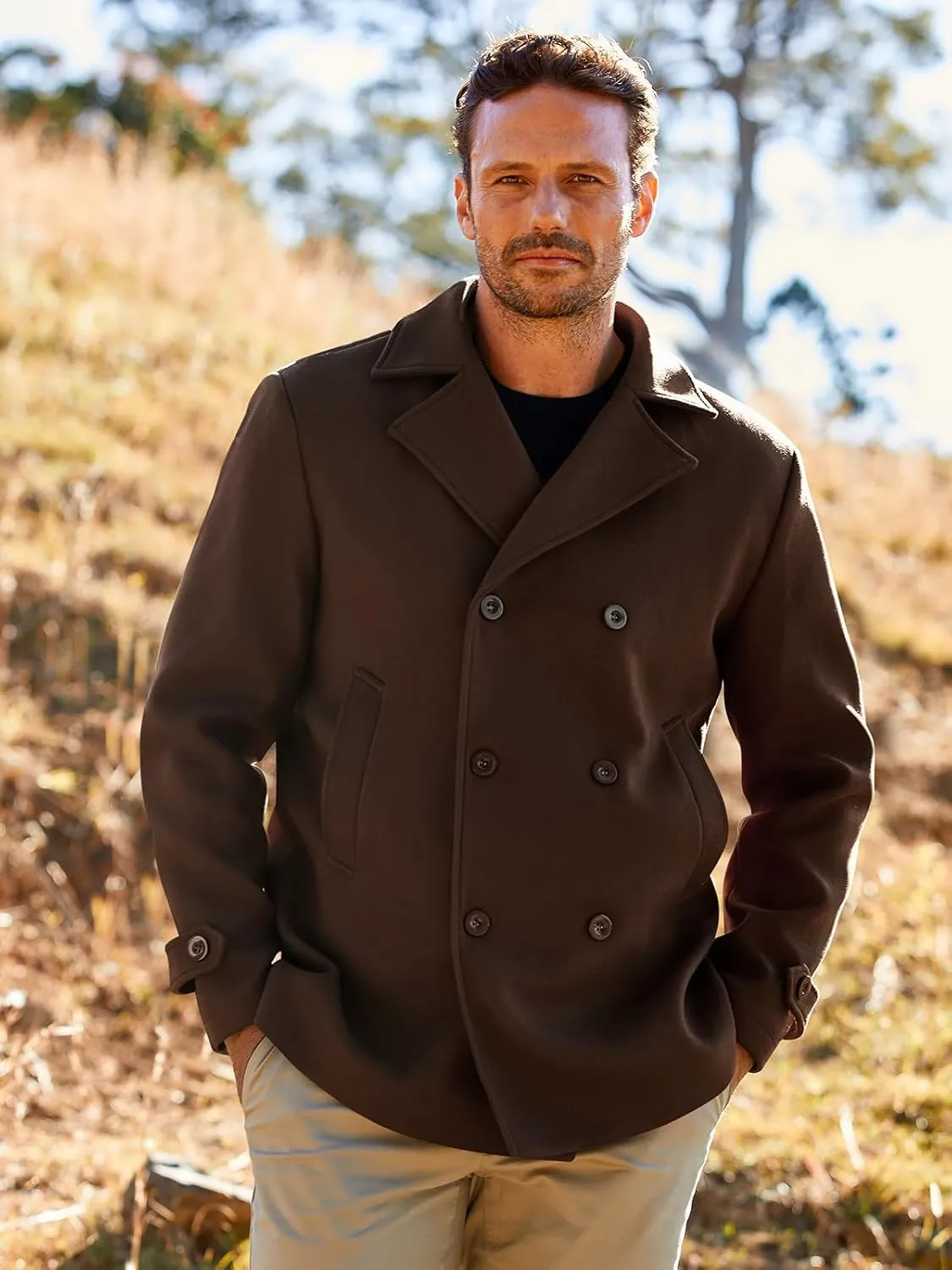 Bbalizko Mens Classic Pea Coat Notched Collar Double Breasted Slim Fit Winter Warm Heavyweight Trench Coats