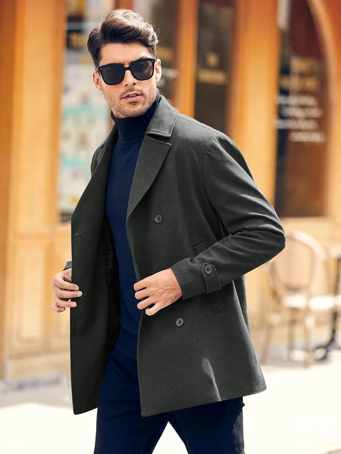Bbalizko Mens Classic Pea Coat Notched Collar Double Breasted Slim Fit Winter Warm Heavyweight Trench Coats