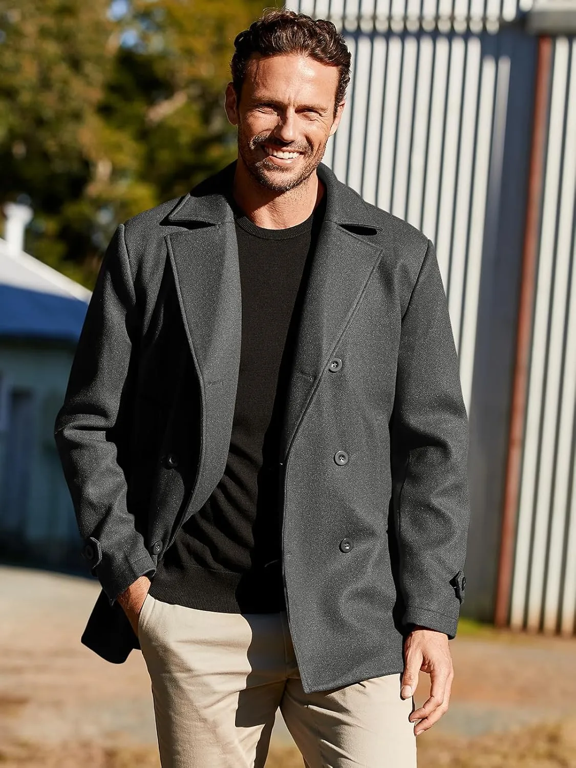 Bbalizko Mens Classic Pea Coat Notched Collar Double Breasted Slim Fit Winter Warm Heavyweight Trench Coats