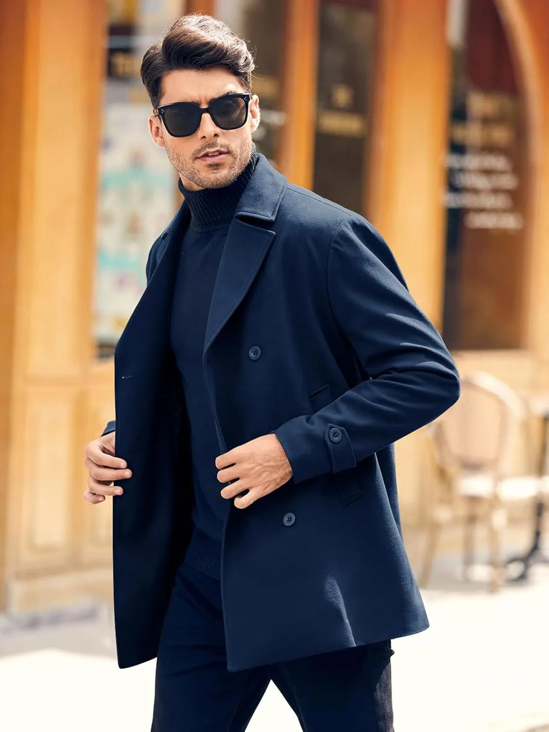 Bbalizko Mens Classic Pea Coat Notched Collar Double Breasted Slim Fit Winter Warm Heavyweight Trench Coats