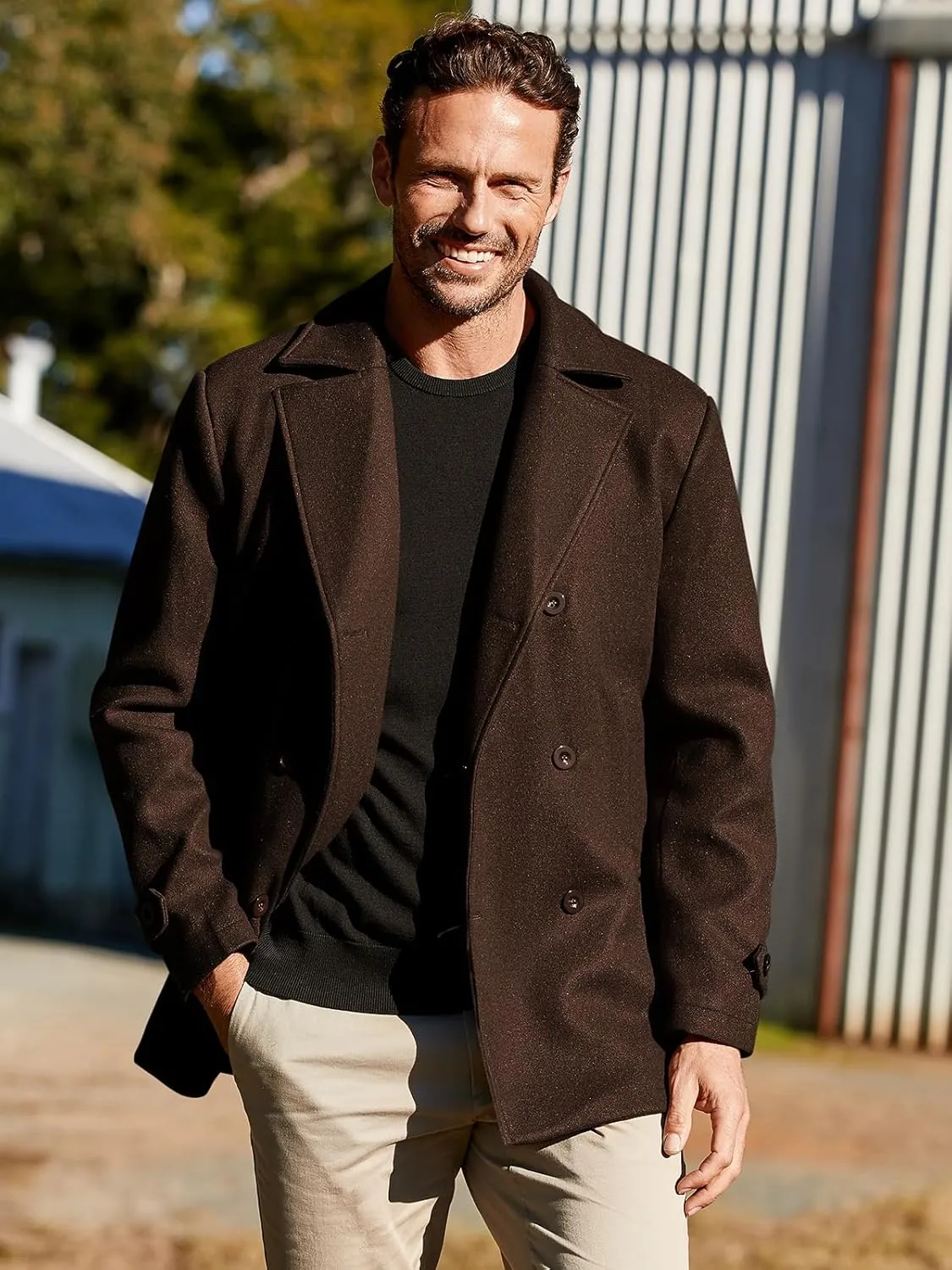 Bbalizko Mens Classic Pea Coat Notched Collar Double Breasted Slim Fit Winter Warm Heavyweight Trench Coats