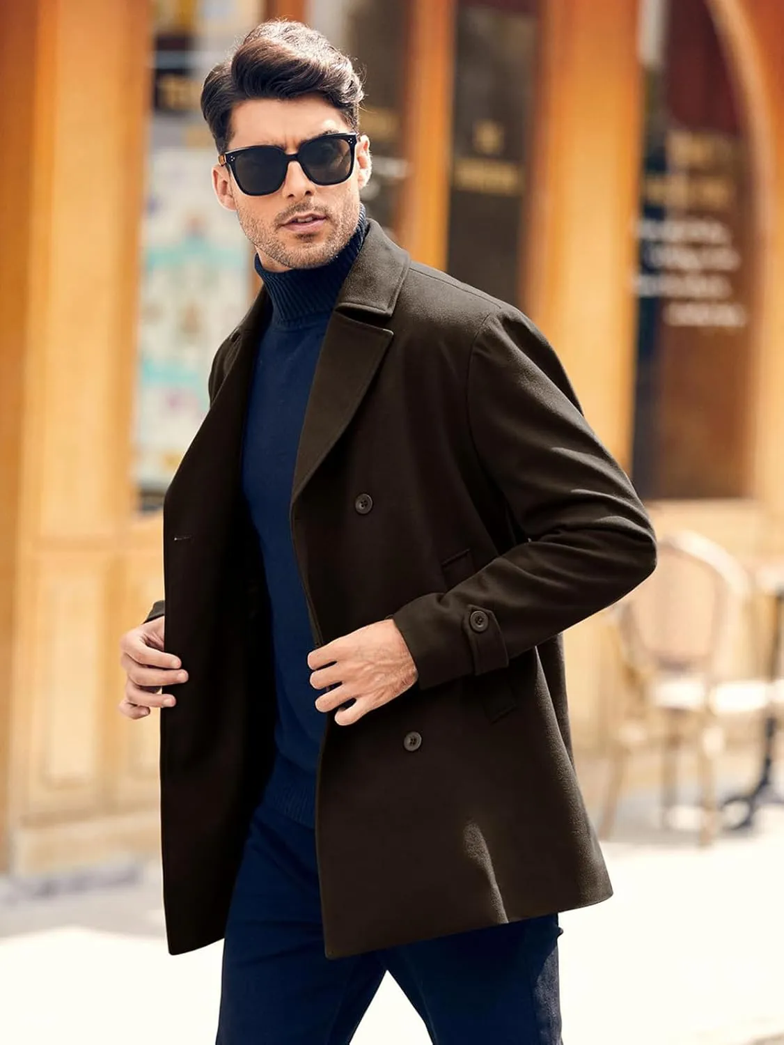 Bbalizko Mens Classic Pea Coat Notched Collar Double Breasted Slim Fit Winter Warm Heavyweight Trench Coats