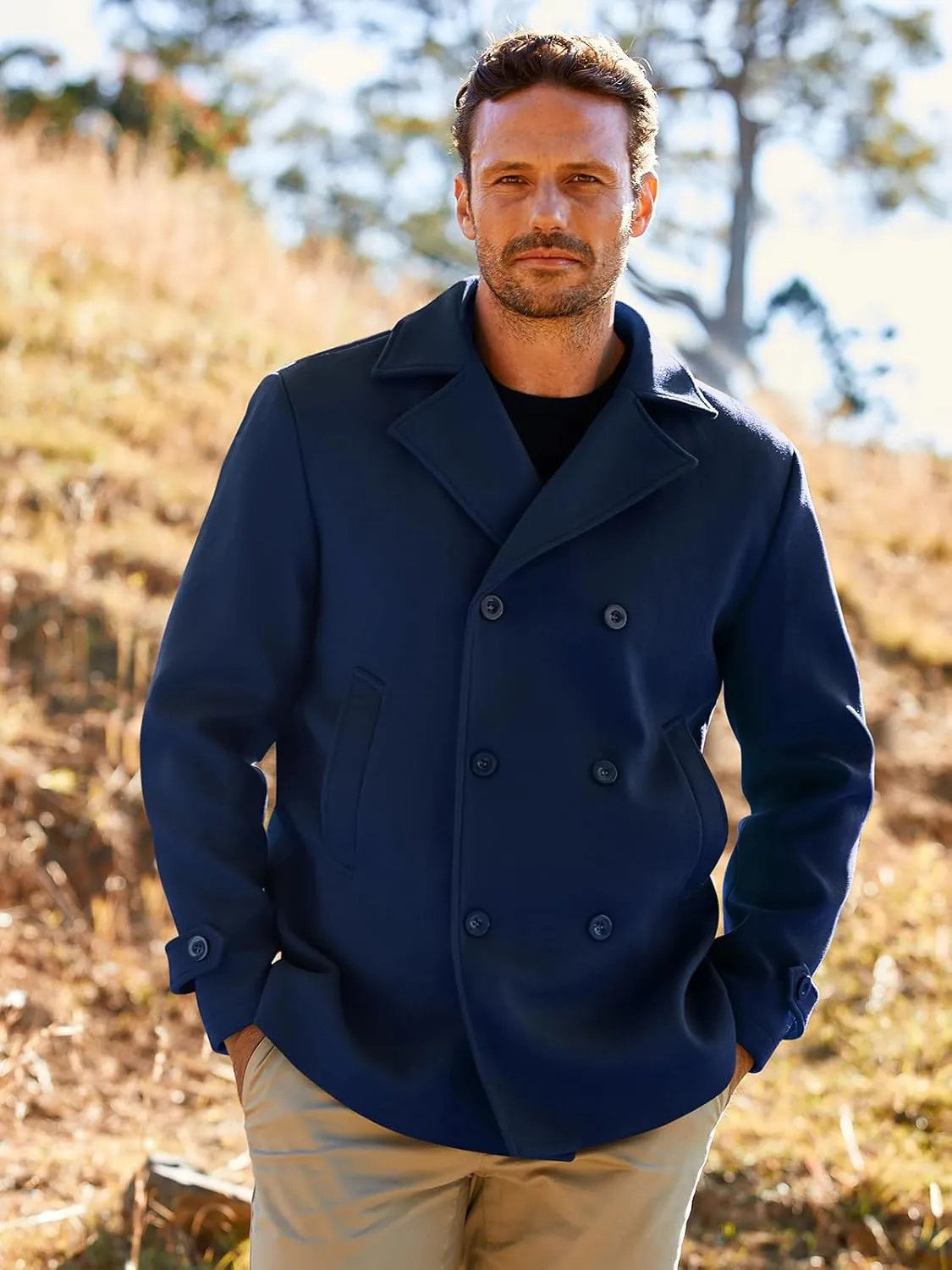 Bbalizko Mens Classic Pea Coat Notched Collar Double Breasted Slim Fit Winter Warm Heavyweight Trench Coats