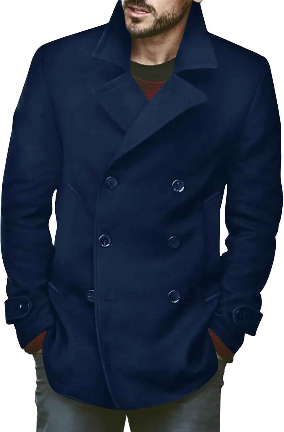 Bbalizko Mens Classic Pea Coat Notched Collar Double Breasted Slim Fit Winter Warm Heavyweight Trench Coats