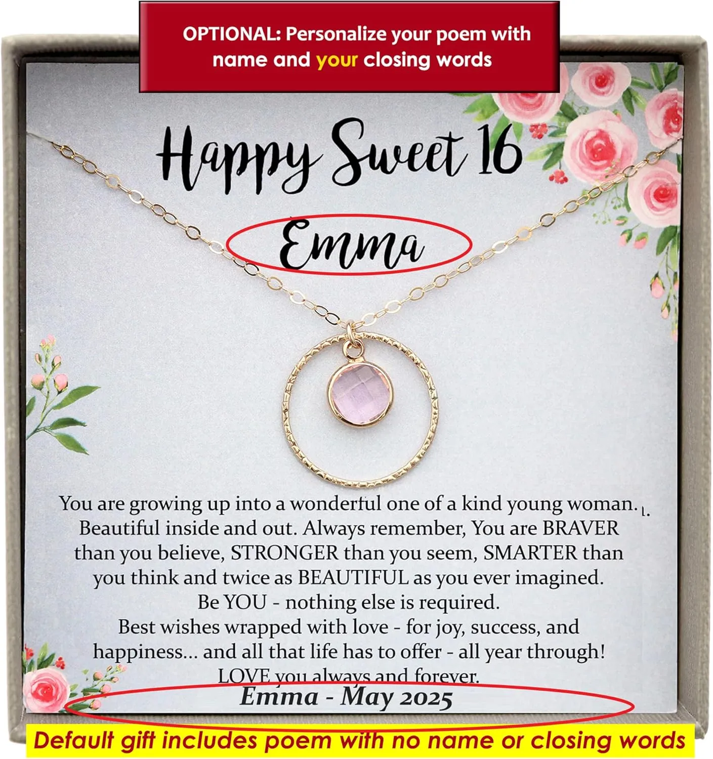 Be Wished Personalized Sweet 16 Gift for Girls, Necklace with Meaningful Message