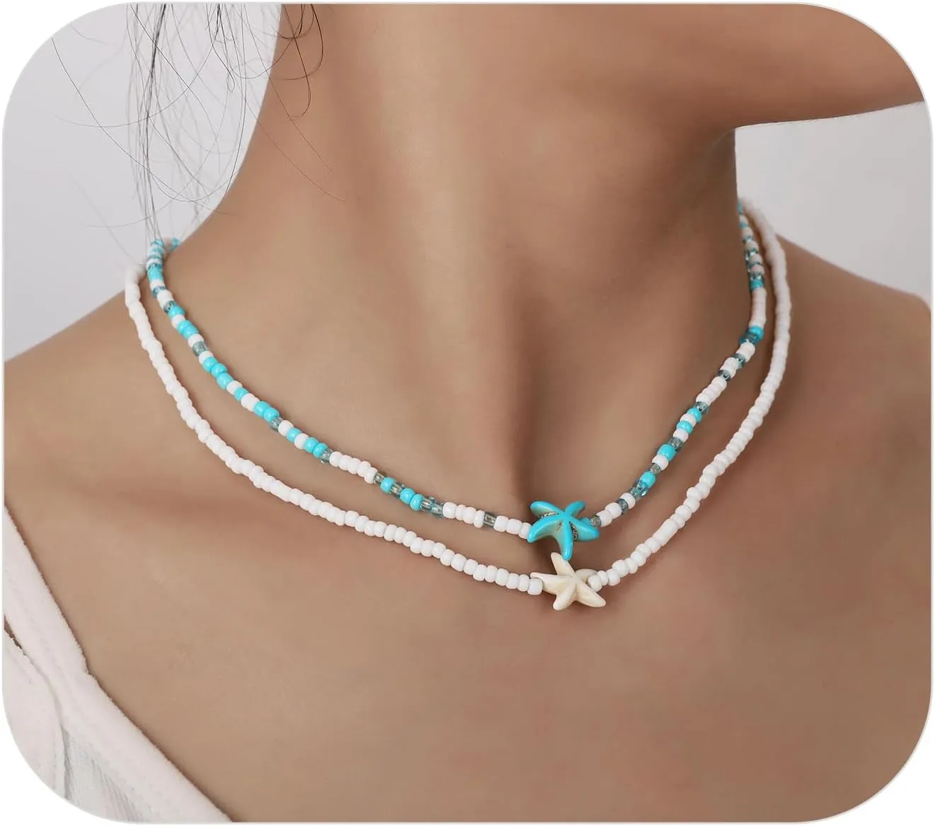 Beach Necklace, Summer Beaded Choker Necklaces for Women, Boho Beaded Pendant Necklace Gifts for Women, Waterproof Summer Beachy Accessories Hawaiian Rice Beads Chain Jewelry with Starfish