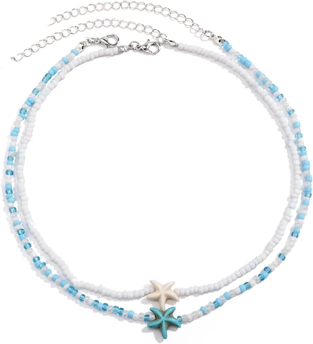 Beach Necklace, Summer Beaded Choker Necklaces for Women, Boho Beaded Pendant Necklace Gifts for Women, Waterproof Summer Beachy Accessories Hawaiian Rice Beads Chain Jewelry with Starfish