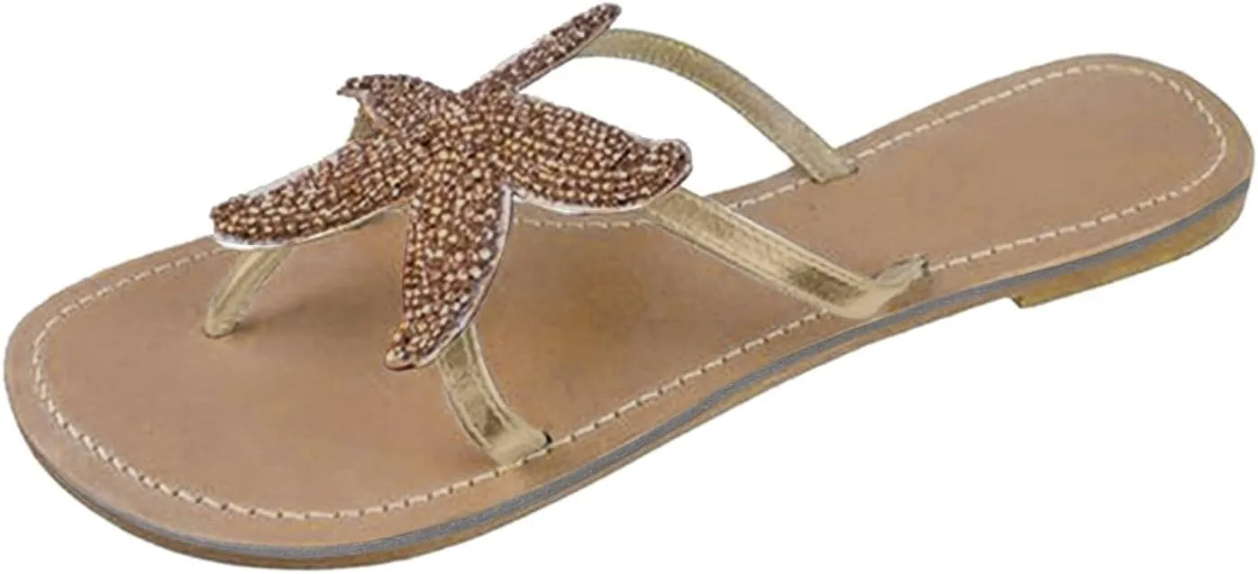 Beach Sandals for Woman Orthopedic Clip Toe Flat Slippers Lightweight Anti Slip Casual Slippers Cute Starfish Shower Beach Pool Bathroom Flat Slides Shoes