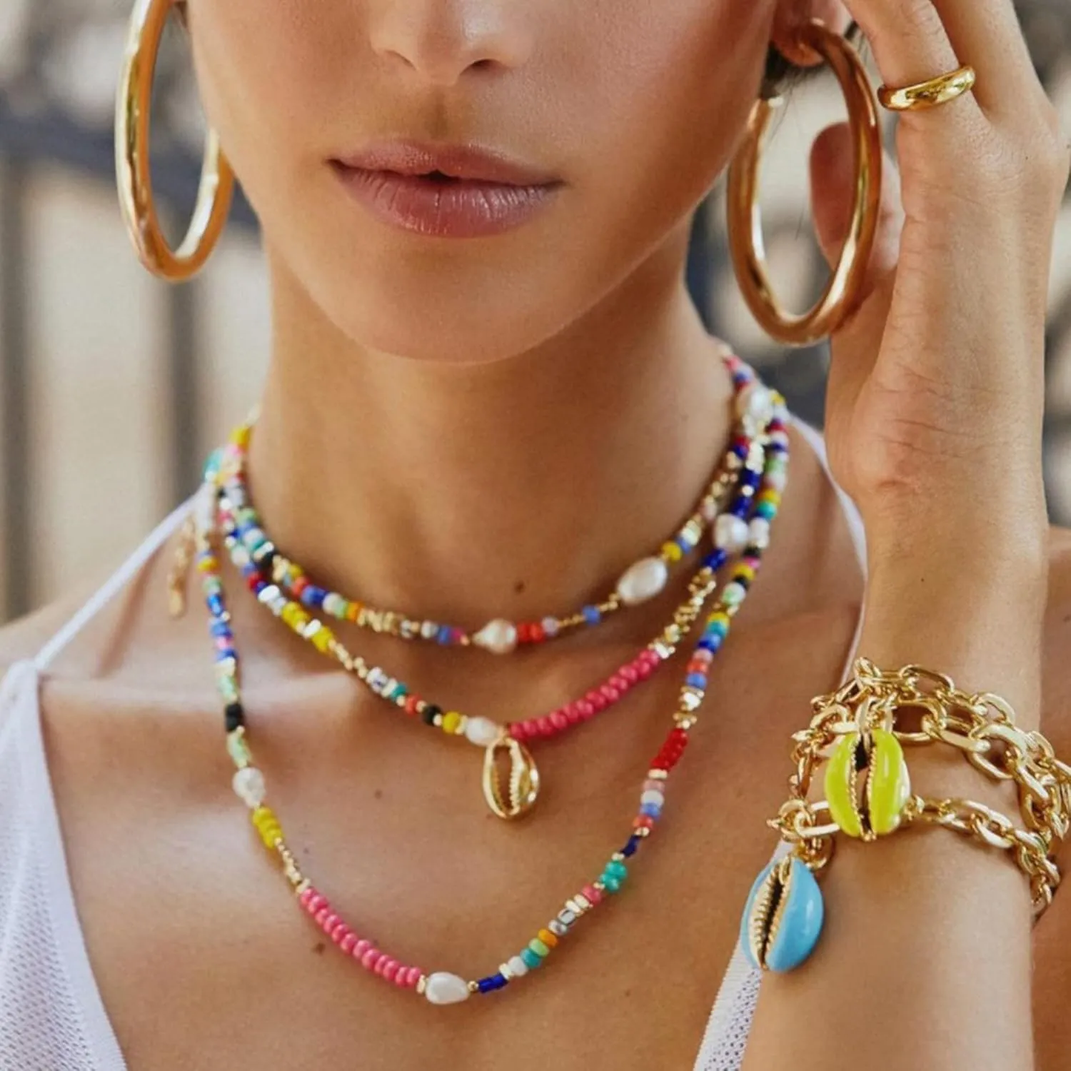 Beaded Choker Necklace for Women Colorful Beaded Necklace Pearl Choker Necklace 14K Gold Plated Necklace Summer Beach Pearl Necklace for Women Girls Y2K Jewelry