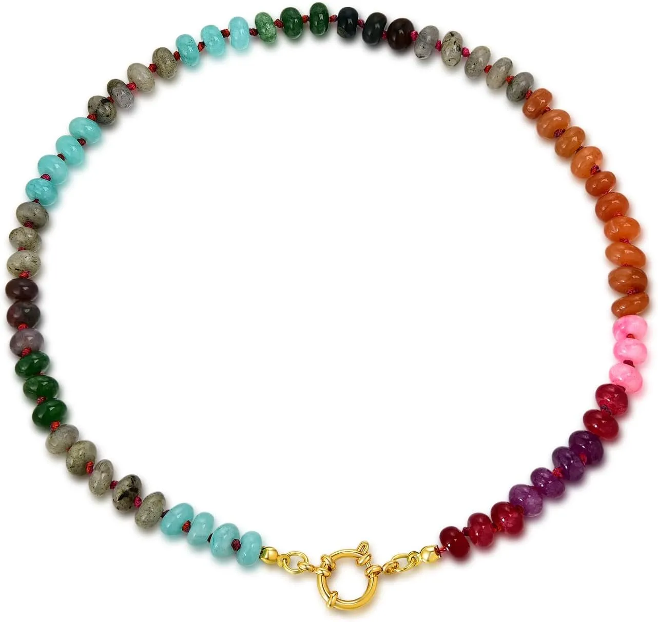 Beaded Gemstone Necklace for Women, Colorful Rainbow Choker, Boho Natural Stone Summer Beach Handmade Jewelry