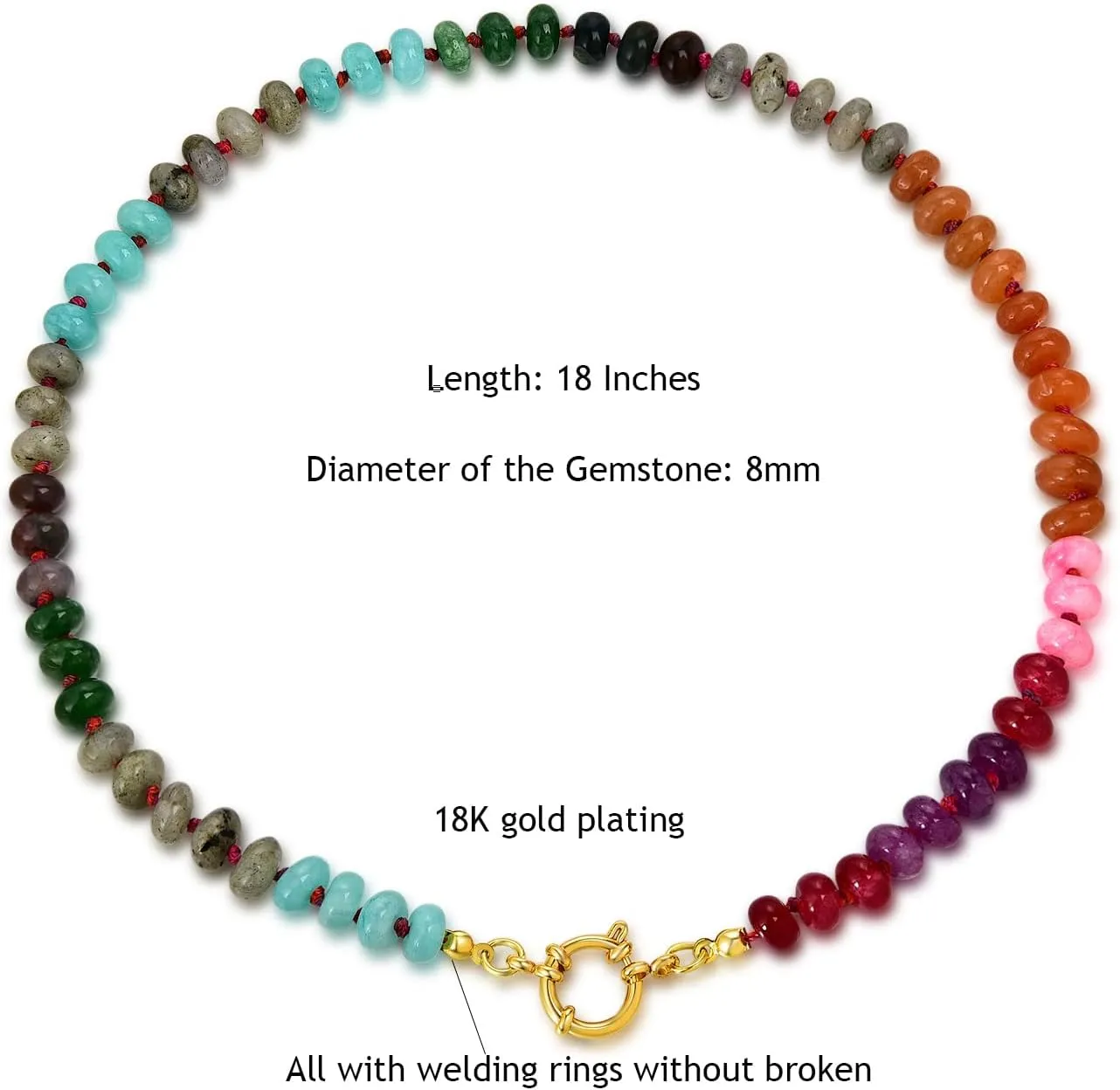 Beaded Gemstone Necklace for Women, Colorful Rainbow Choker, Boho Natural Stone Summer Beach Handmade Jewelry