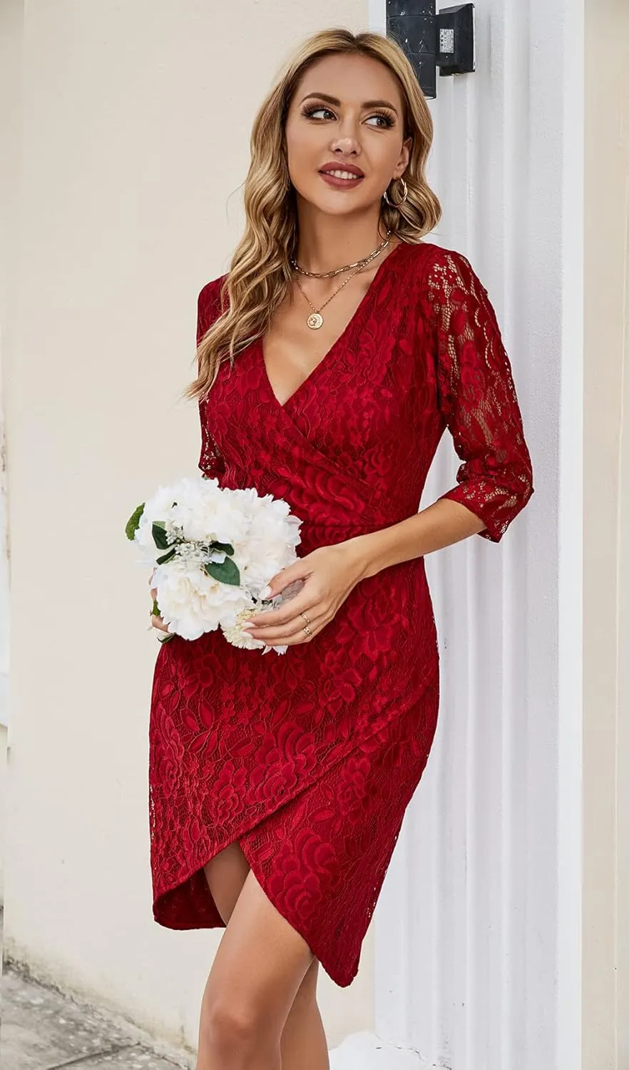BEDOAR Women's Lace Elegant Cocktail Dresses V-Neck Wedding Guest wrap Dresses for Women