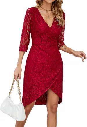 BEDOAR Women's Lace Elegant Cocktail Dresses V-Neck Wedding Guest wrap Dresses for Women