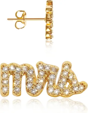 Benevolence LA Mrs Earrings with Pave Stones | Gold Dipped Studs for Women | Dainty Cute Stud Earring | Bride To Be Gifts Ideas | Designed in California