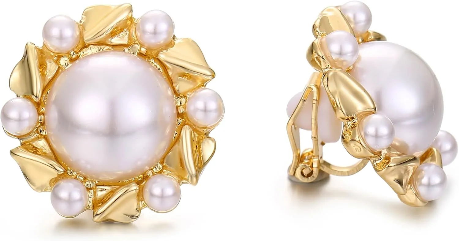 Big Pearl Clip On Earrings for Women Gold Flower Pearl Clip Earrings Wedding Party Prom Jewelry
