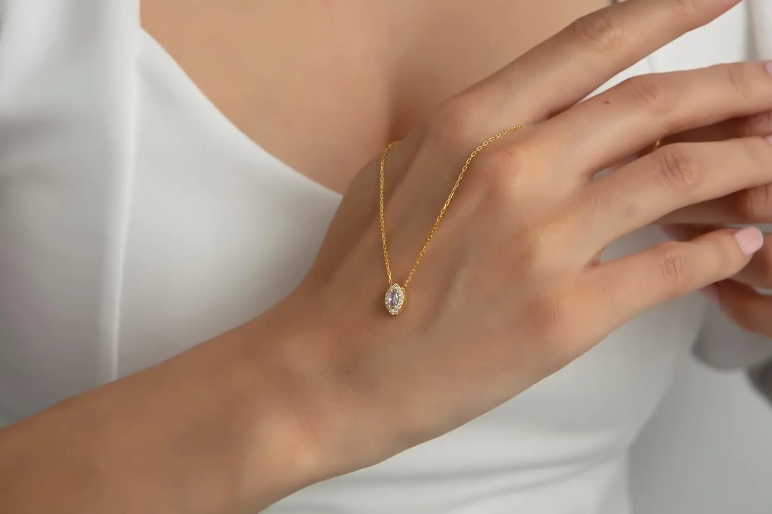 Birthstone Necklace for Women, Personalized 925 Sterling Silver and 14K Gold Plated Marquise Shape Birthstone Pendant, Customized Jewelry Gift for Women