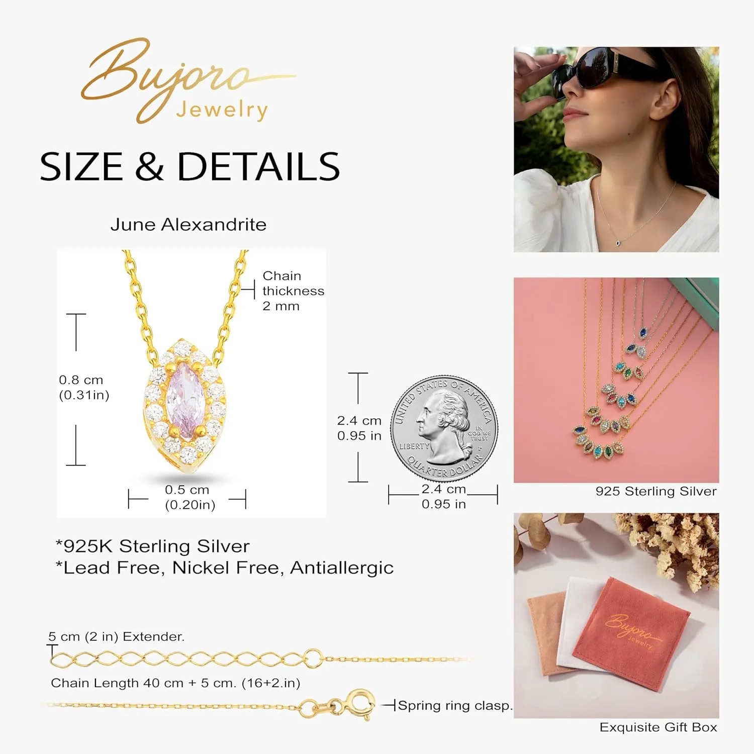 Birthstone Necklace for Women, Personalized 925 Sterling Silver and 14K Gold Plated Marquise Shape Birthstone Pendant, Customized Jewelry Gift for Women