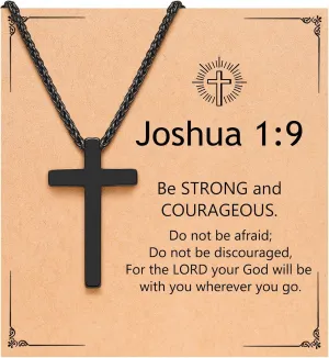 Black Cross Necklace for Men Boys, 18 Inch Joshua 1:9 Stainless Steel Chain Necklace