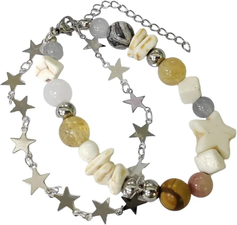 Blue Drop Y2k Bracelet Double Layer Star Imitation Pearls Strand Bracelet for Women Cute Handmade Planets Universe Beaded Stone Bracelet Aesthetic Jewelry Friendship Gift