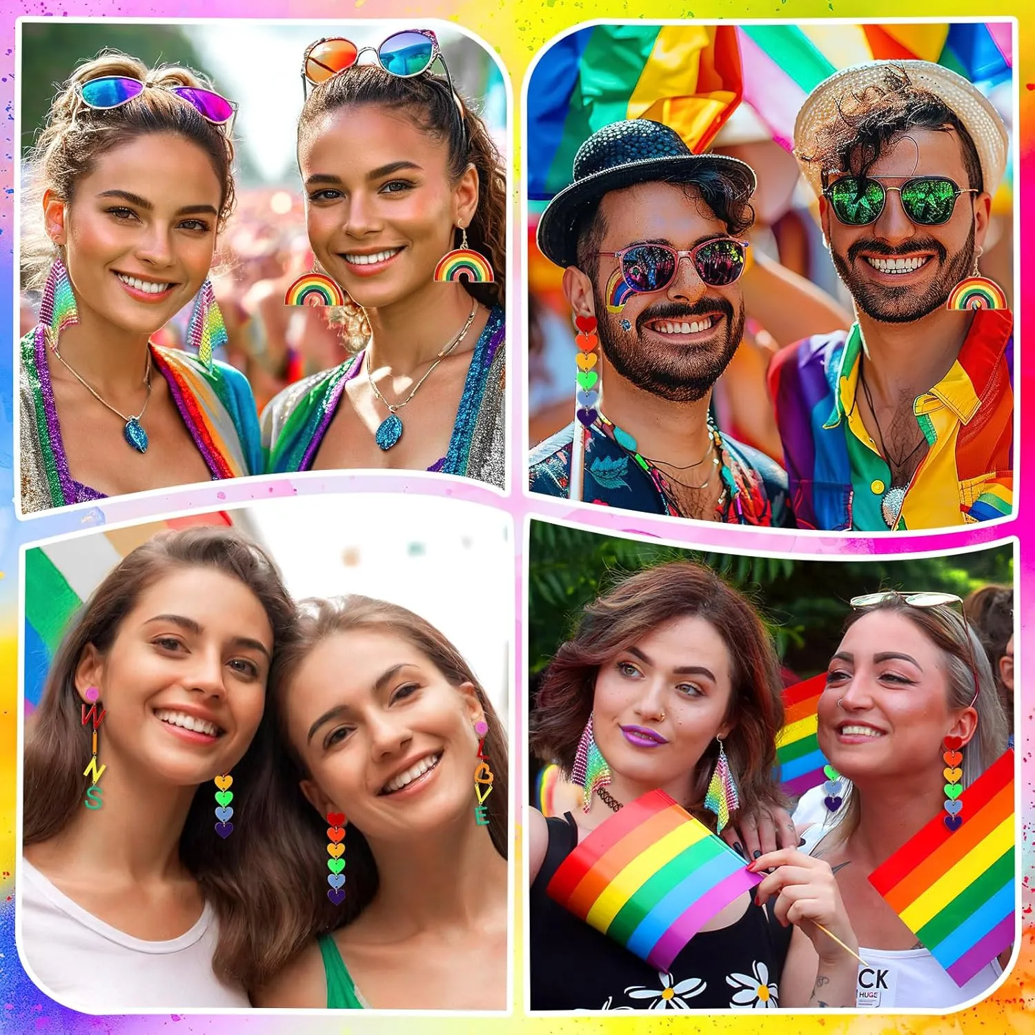 BOARDFEB 4 Pairs Rainbow Earrings Pride Earrings Accessories Rainbow Mesh Drop Clip Earrings Heart Shape Earrings Love Wins Earrings Pride Party Favor Toy Gift for Women Girls, 442-6909