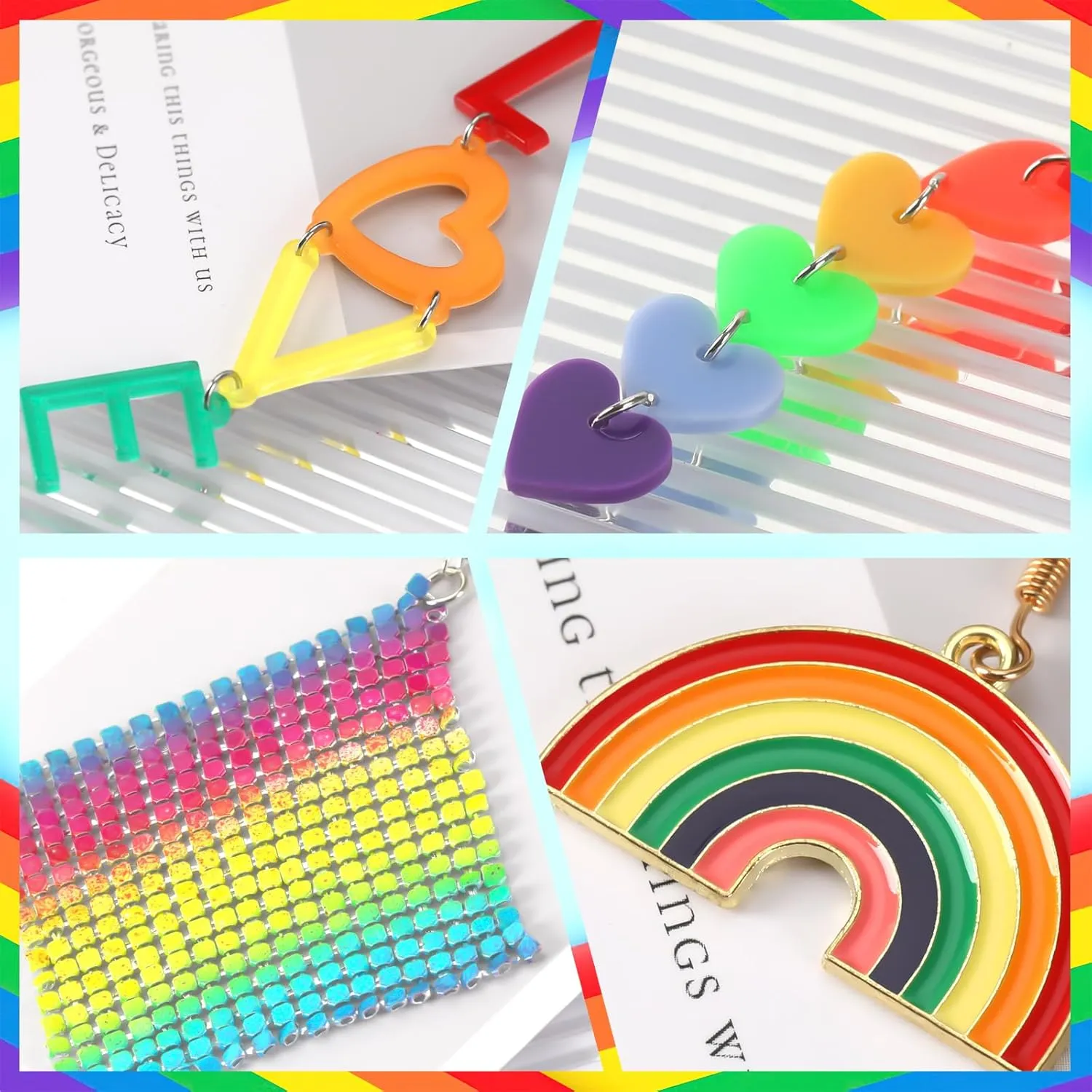 BOARDFEB 4 Pairs Rainbow Earrings Pride Earrings Accessories Rainbow Mesh Drop Clip Earrings Heart Shape Earrings Love Wins Earrings Pride Party Favor Toy Gift for Women Girls, 442-6909