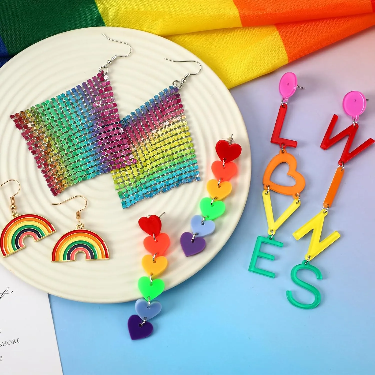 BOARDFEB 4 Pairs Rainbow Earrings Pride Earrings Accessories Rainbow Mesh Drop Clip Earrings Heart Shape Earrings Love Wins Earrings Pride Party Favor Toy Gift for Women Girls, 442-6909