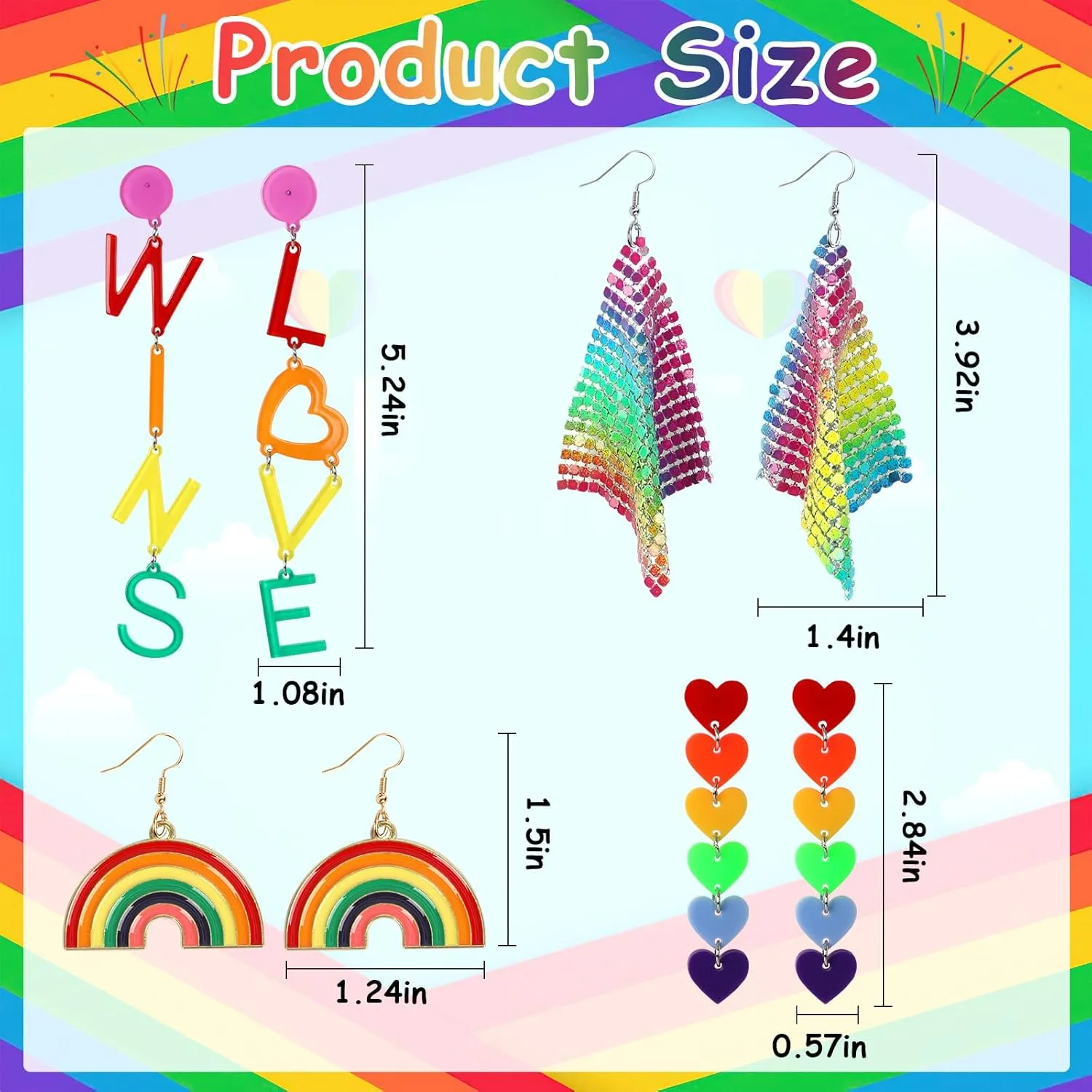 BOARDFEB 4 Pairs Rainbow Earrings Pride Earrings Accessories Rainbow Mesh Drop Clip Earrings Heart Shape Earrings Love Wins Earrings Pride Party Favor Toy Gift for Women Girls, 442-6909