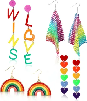 BOARDFEB 4 Pairs Rainbow Earrings Pride Earrings Accessories Rainbow Mesh Drop Clip Earrings Heart Shape Earrings Love Wins Earrings Pride Party Favor Toy Gift for Women Girls, 442-6909