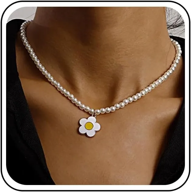 Bohemian Sunflower Pearl Choker Necklace White Enamel Flower Pendant Necklace Floral Petal Collar Necklaces Round Pearl Chain Necklaces Jewelry for Women