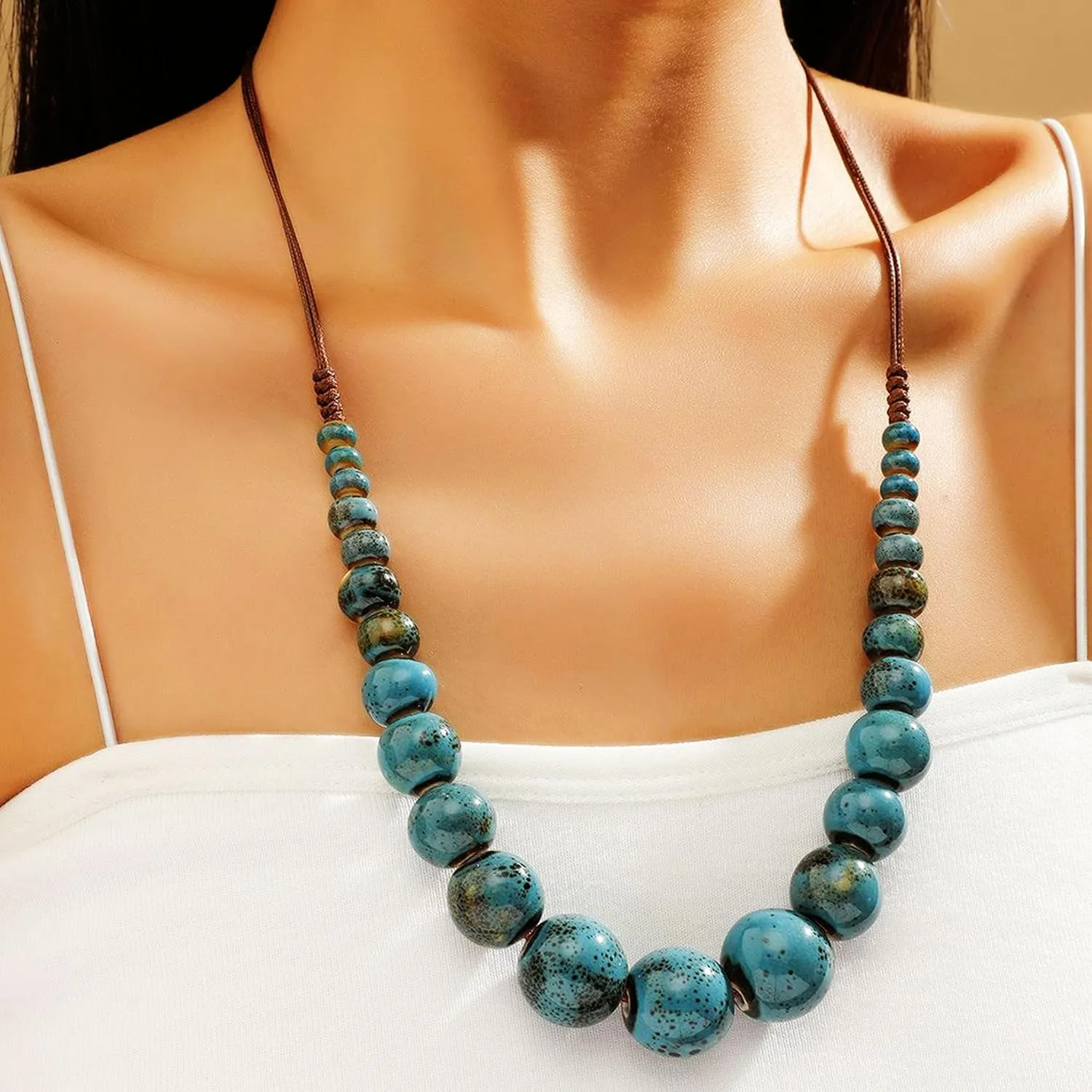 Boho Beaded Necklace for Women Long Vintage Beads Necklace Adjustable Length Handmade Multilayer Layered Chain Jewelry Gift for Her