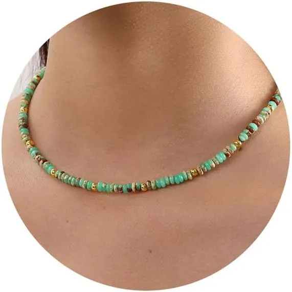 Boho Beaded Necklace for Women Multicolor Rainbow Bead Choker Necklace Handmade Gemstone Natural Stone 14k Gold Plated Summer Beach Birthday Christmas Jewelry