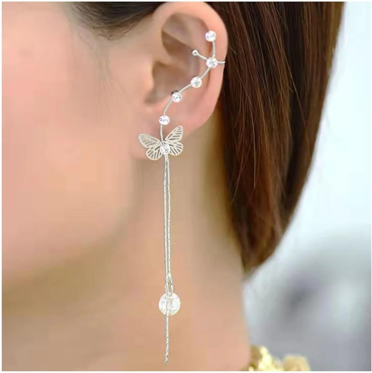 Boho Crystal Butterfly Cuff Wrap Earrings Gold Long Chain Tassel Earrings Cluster Crystal Climber Crawler Earrings Long Sleek Chain Drop Earrings Non Pierced Clip on Earrings Dangle Chain Earcuff Earring Jewelry for Women and Girls