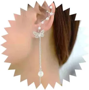 Boho Crystal Butterfly Cuff Wrap Earrings Gold Long Chain Tassel Earrings Cluster Crystal Climber Crawler Earrings Long Sleek Chain Drop Earrings Non Pierced Clip on Earrings Dangle Chain Earcuff Earring Jewelry for Women and Girls