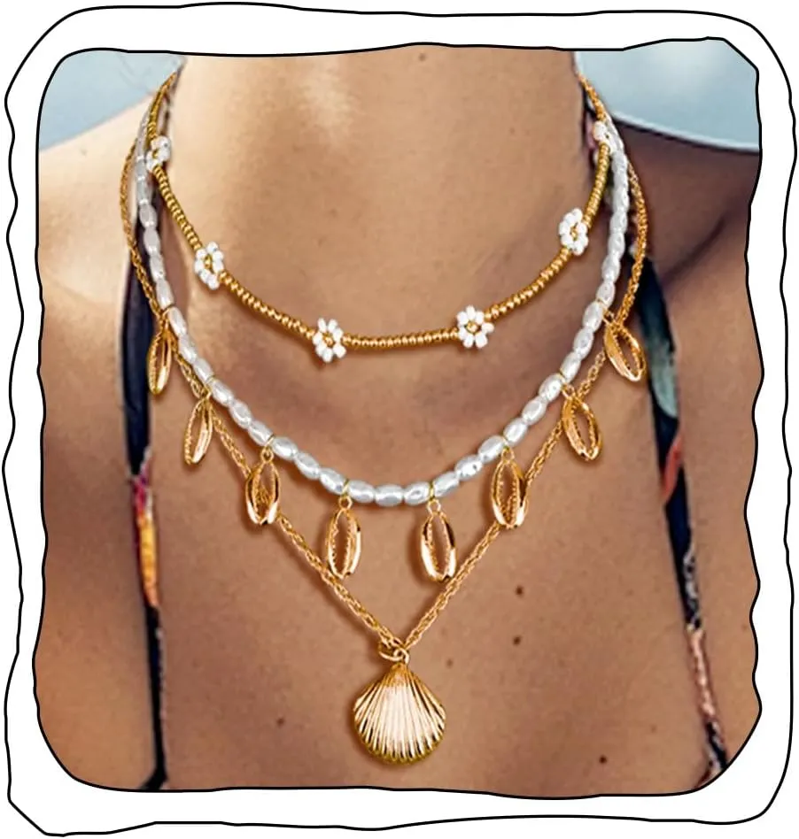 Boho Layered Shell Necklace Gold Shell Pendant Neckalces Seashell Pearl Collar Necklaces Beaded Flower Choker Necklaces for Women