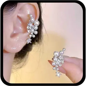 Boho Pearl Ear Cuff Earrings Crystal Star Cuff Wrap Earrings Silver Pearl Cz Earrings Cz Star Earrings Pearl Cartilage Cuff Earrings Pearl Crawler Cuff Earrings Jewelry for Women