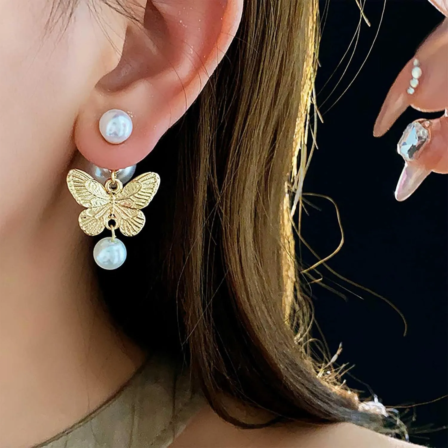 Boho Pearl Ear Jacket Earrings Butterfly Pearl Drop Earrings Gold Pearl Stud Earrings Hammered Butterfly Dangle Earrings Double Side Butterfly Earrings Jewelry for Women