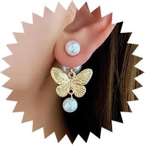 Boho Pearl Ear Jacket Earrings Butterfly Pearl Drop Earrings Gold Pearl Stud Earrings Hammered Butterfly Dangle Earrings Double Side Butterfly Earrings Jewelry for Women