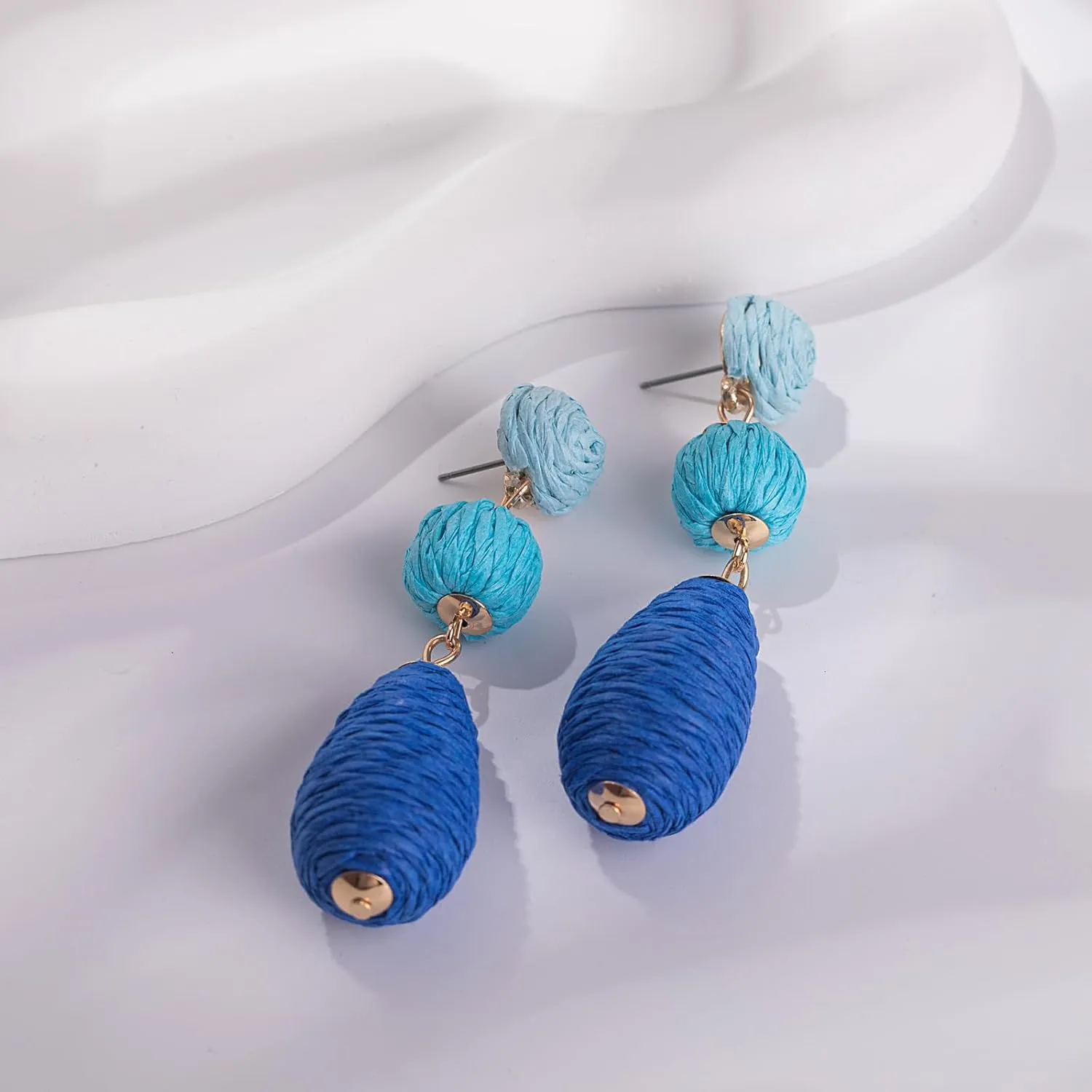 Boho Raffia Earrings Statement Dangle Earrings Cute Teardrop Ball Earrings Colorful Summer Jewelry Handmade Rattan Earrings for Women