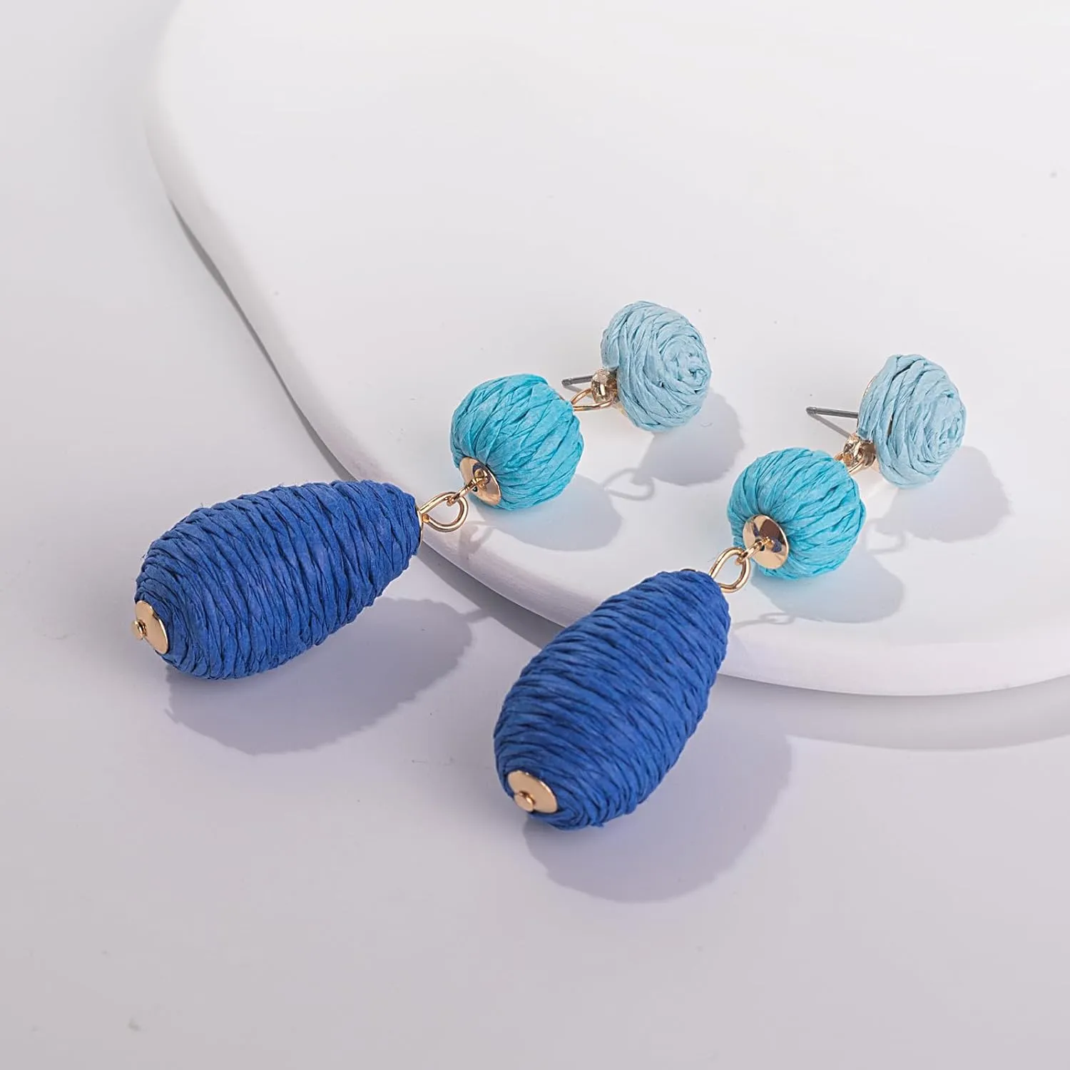Boho Raffia Earrings Statement Dangle Earrings Cute Teardrop Ball Earrings Colorful Summer Jewelry Handmade Rattan Earrings for Women