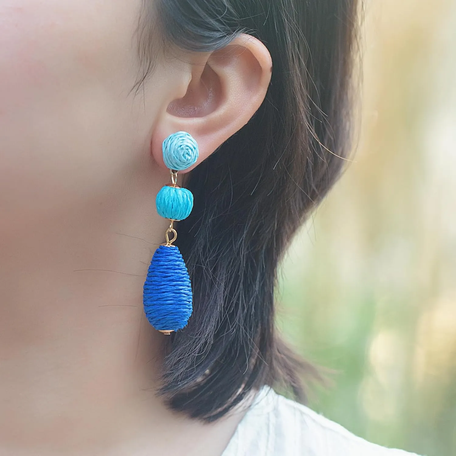 Boho Raffia Earrings Statement Dangle Earrings Cute Teardrop Ball Earrings Colorful Summer Jewelry Handmade Rattan Earrings for Women