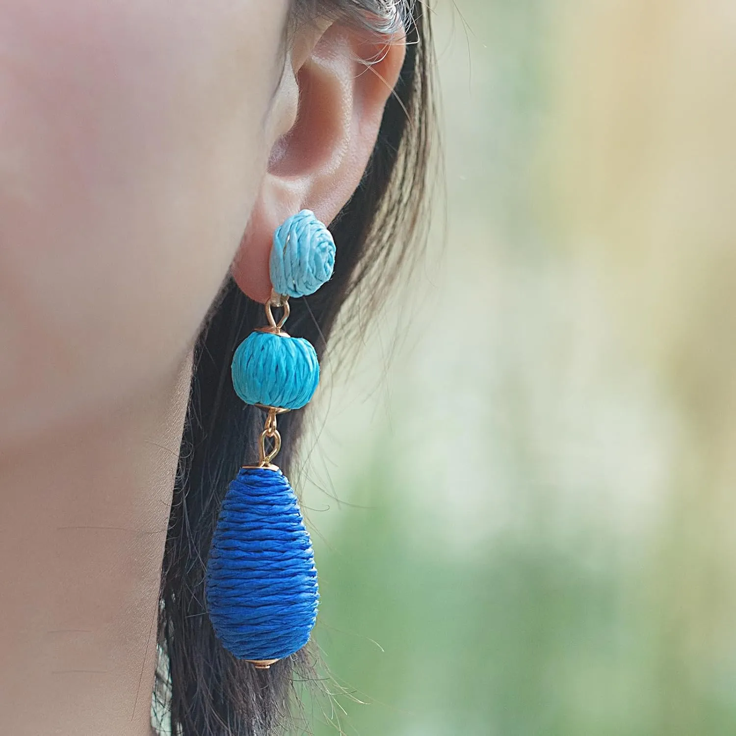 Boho Raffia Earrings Statement Dangle Earrings Cute Teardrop Ball Earrings Colorful Summer Jewelry Handmade Rattan Earrings for Women