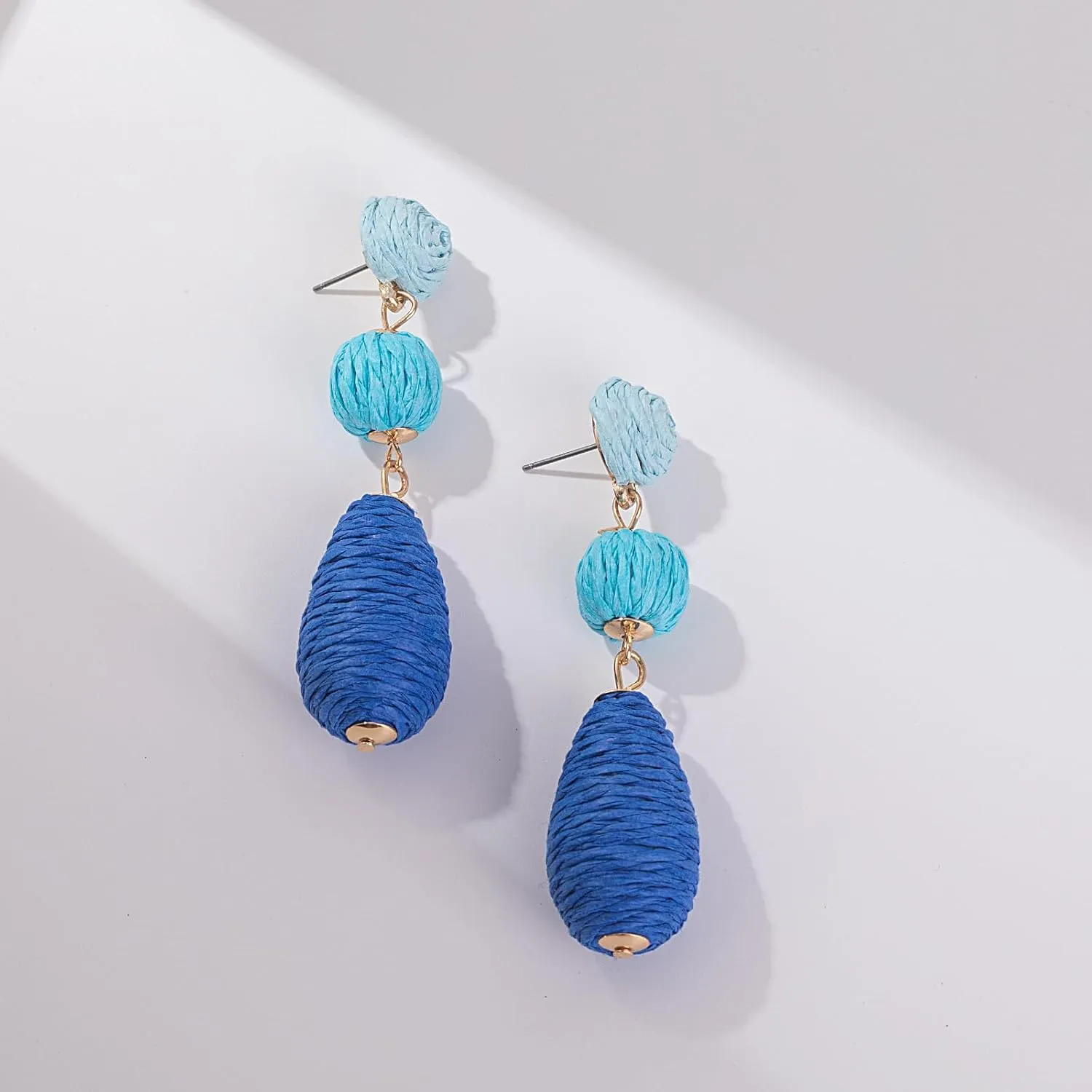 Boho Raffia Earrings Statement Dangle Earrings Cute Teardrop Ball Earrings Colorful Summer Jewelry Handmade Rattan Earrings for Women