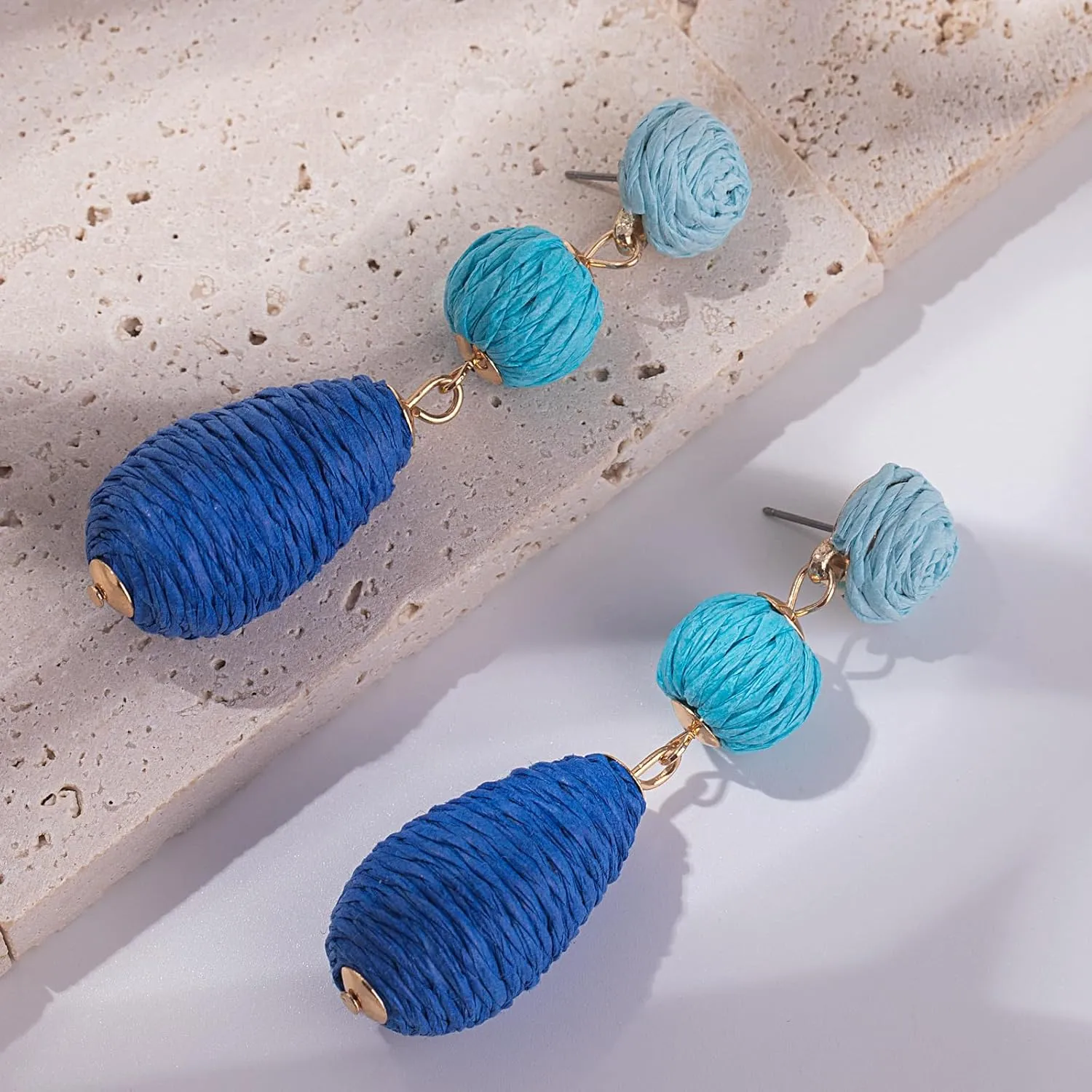Boho Raffia Earrings Statement Dangle Earrings Cute Teardrop Ball Earrings Colorful Summer Jewelry Handmade Rattan Earrings for Women