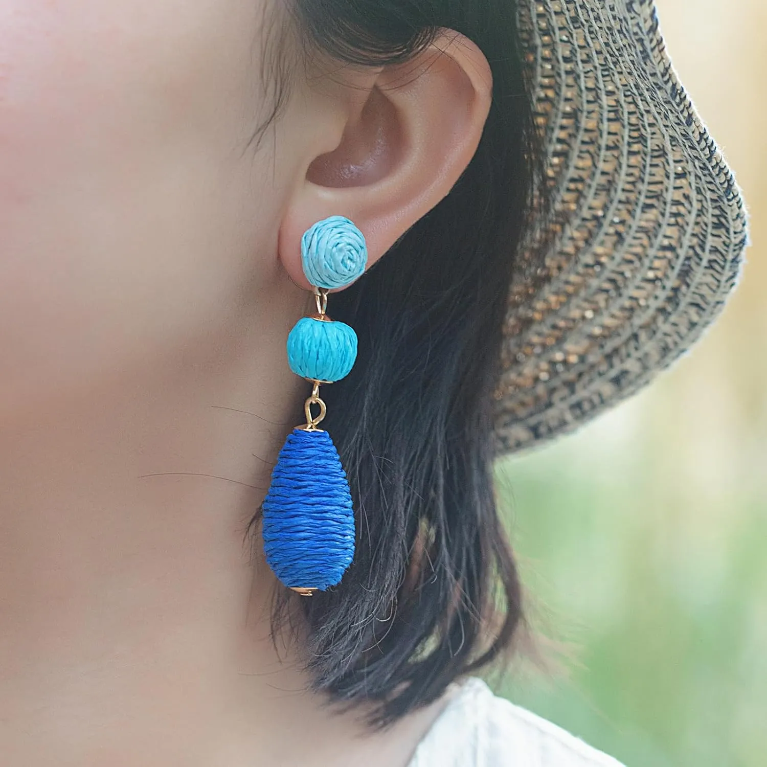 Boho Raffia Earrings Statement Dangle Earrings Cute Teardrop Ball Earrings Colorful Summer Jewelry Handmade Rattan Earrings for Women
