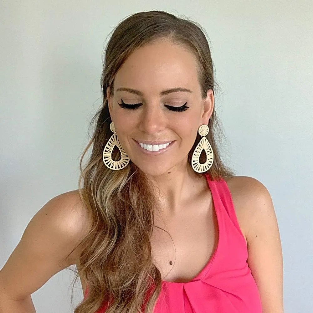 Boho Raffia Earrings Statement Teardrop Earrings Drop Dangle Bohemian Earrings for Women Cute Handmade Earring