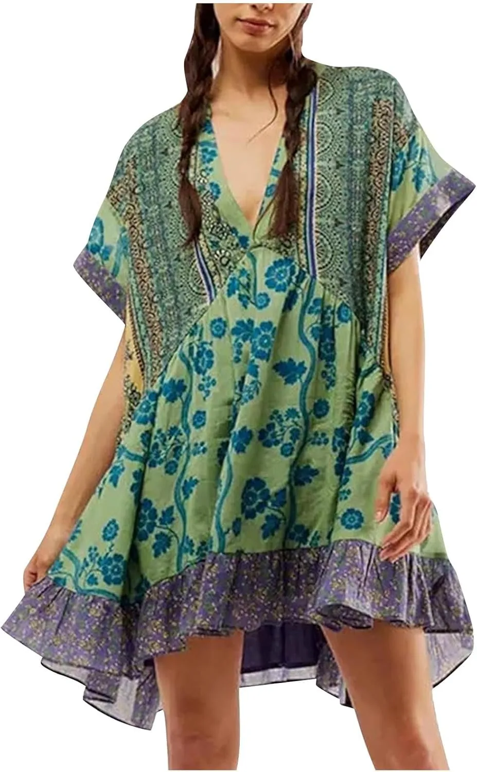 Boho Summer Floral Sundresses for Women 2024 Babydoll Flowy Short Sleeve Beach Mini Dress Deep V-Neck T-Shirt Dresses