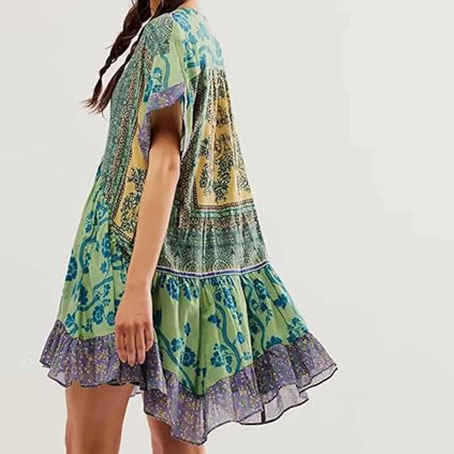 Boho Summer Floral Sundresses for Women 2024 Babydoll Flowy Short Sleeve Beach Mini Dress Deep V-Neck T-Shirt Dresses