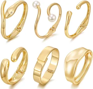 BOMAIL 6pcs Chunky Gold Bangle Bracelet for Women 14k Gold Plated Wide Hinged Cuff Open Bracelet Dainty Minimalist Bangle Jewelry