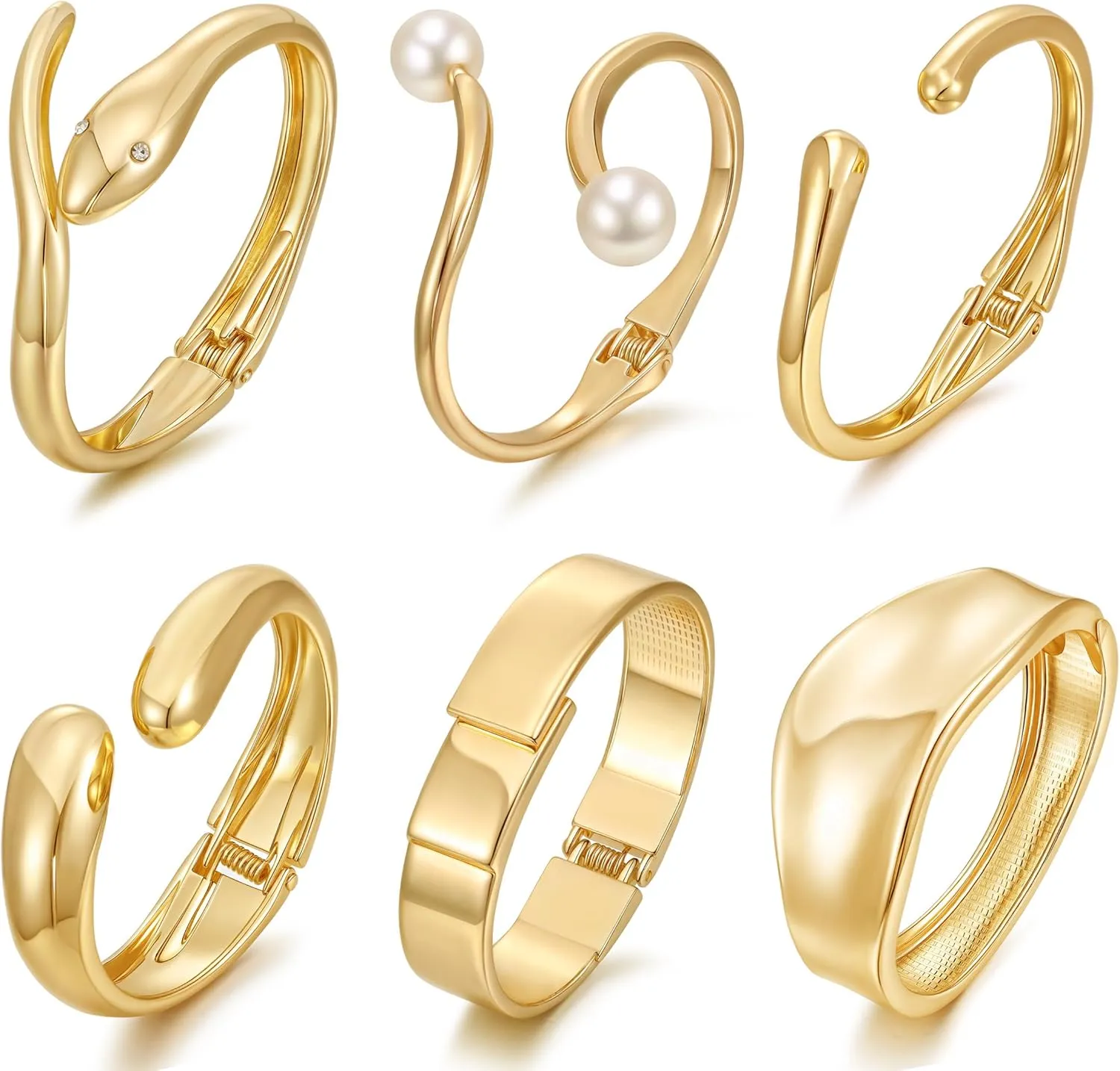 BOMAIL 6pcs Chunky Gold Bangle Bracelet for Women 14k Gold Plated Wide Hinged Cuff Open Bracelet Dainty Minimalist Bangle Jewelry